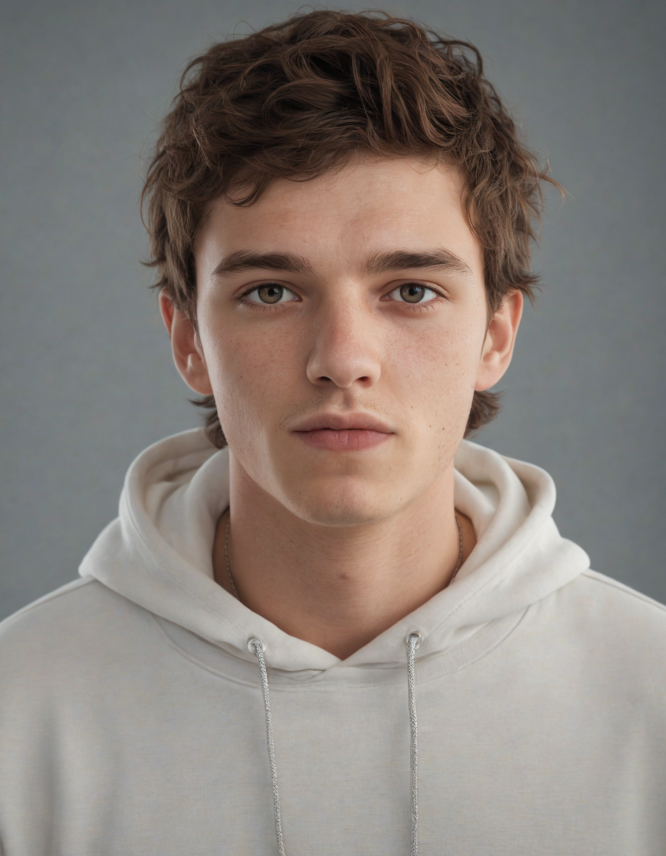 Original reference photo: a man with brown hair wearing a white hoodie